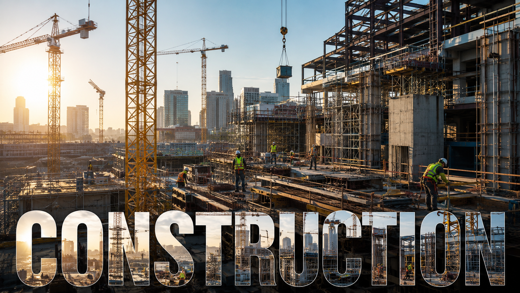 Modern commercial construction site with tower cranes, steel framework and active building project representing professional two-way radio communication solutions for the construction industry.