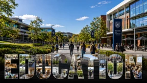 Modern university campus with contemporary academic buildings, students and educational facilities representing communication solutions for educational institutions.