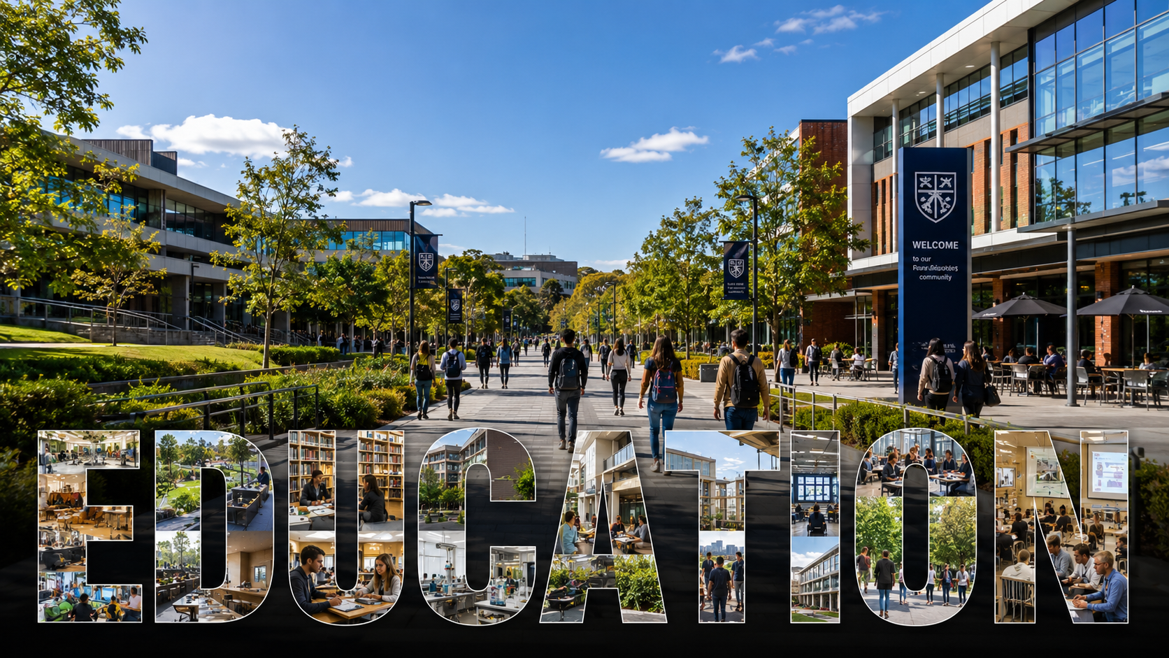 Modern university campus with contemporary academic buildings, students and educational facilities representing communication solutions for educational institutions.