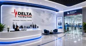 Concept image of Delta Radio Group global headquarters interior featuring modern communication technology displays, executive workspaces, collaboration zones, and premium corporate architecture.