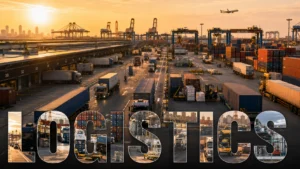 Large logistics and freight terminal with trucks, containers and transport infrastructure representing communication solutions for logistics and supply chain operations.