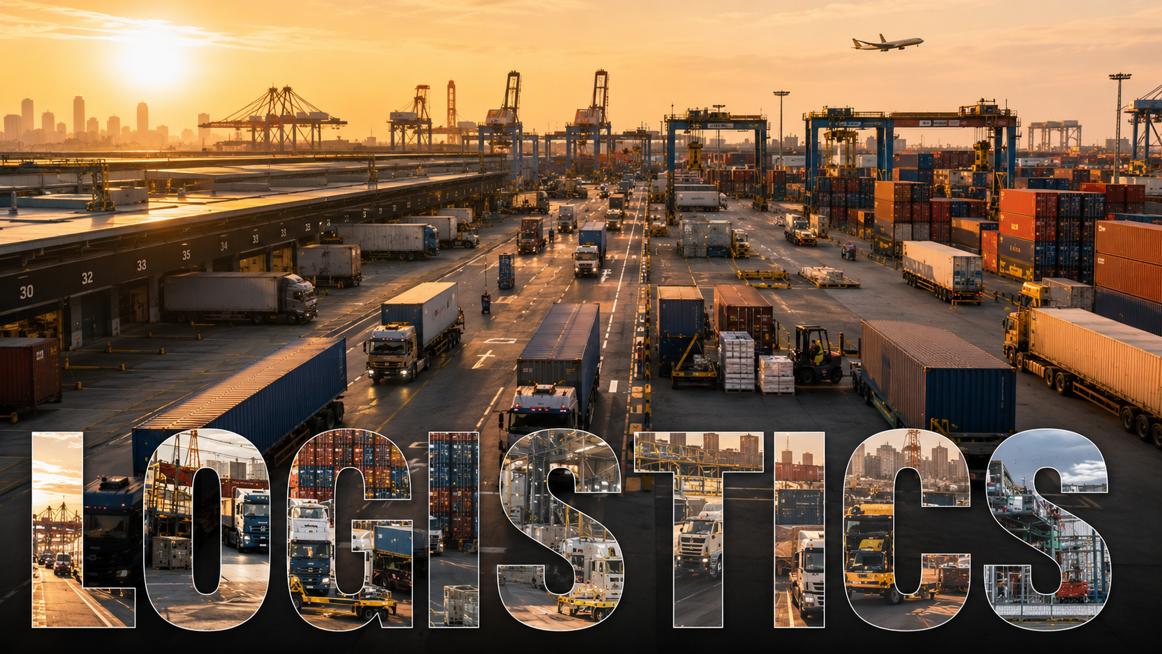 Large logistics and freight terminal with trucks, containers and transport infrastructure representing communication solutions for logistics and supply chain operations.