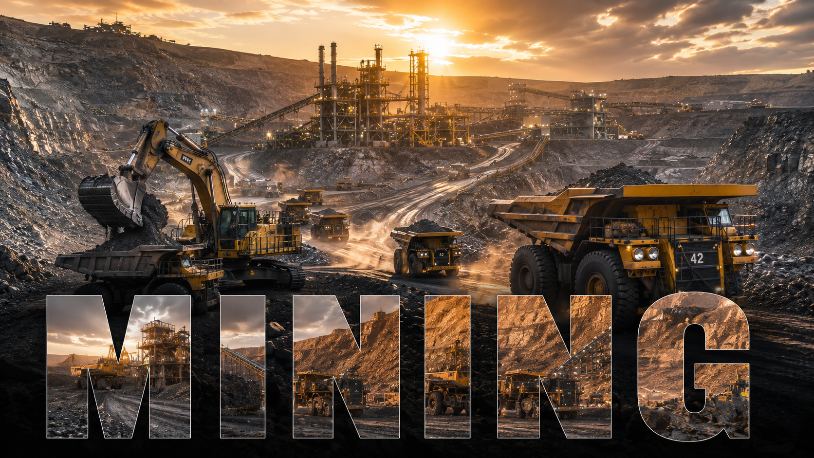 Large open-cut mining operation with haul trucks, excavators and processing facilities demonstrating rugged communication solutions for mining environments.