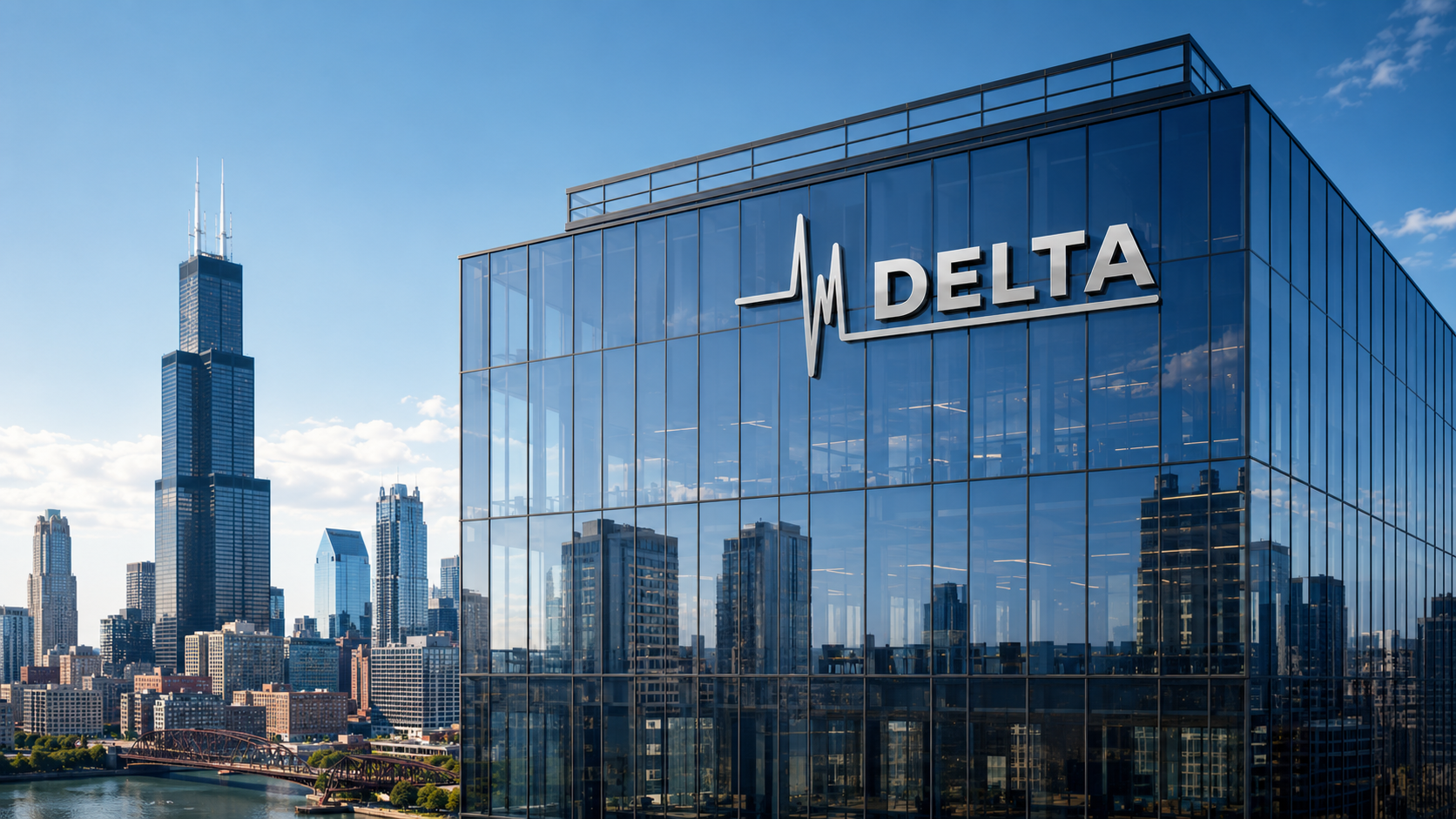 Global communications technology concept featuring Delta Radio Group branding, modern corporate architecture and worldwide wireless connectivity networks.