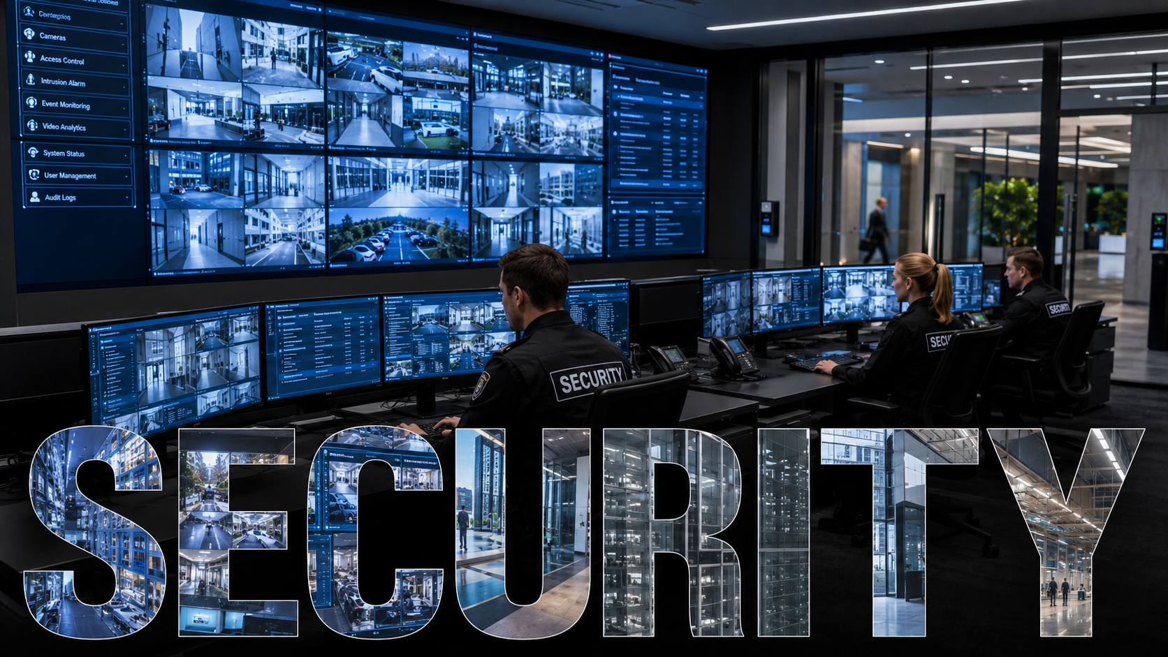 Professional security operations centre with surveillance monitoring, access control systems and security personnel using enterprise communication technology.